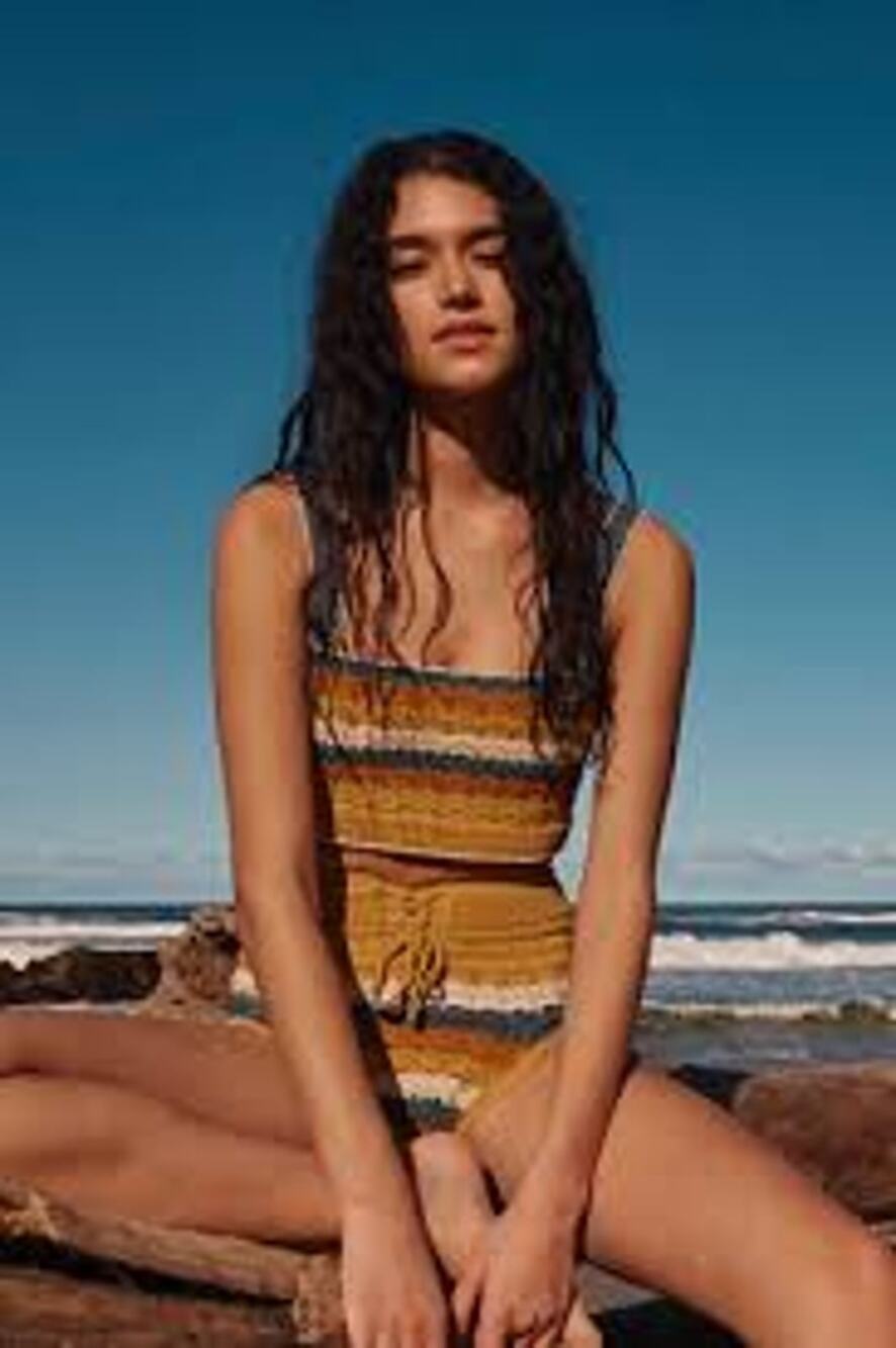 Carolina K Mustard Yellow Blue Crochet Bikini Set XS NWT Boho Festival Coastal